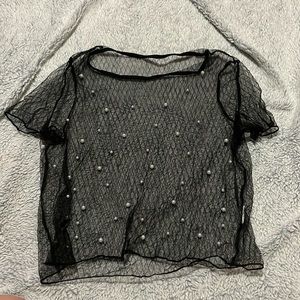 Medium, mesh short sleeve top with pearl accents